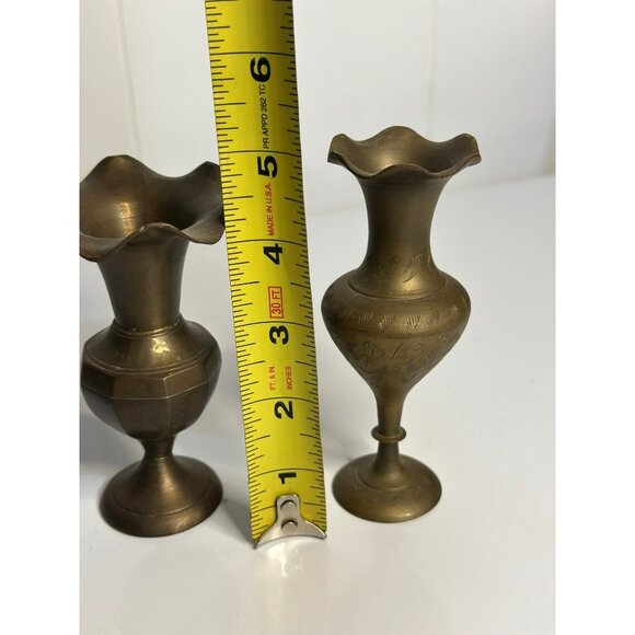 VTG Brass Vases – Footed Pedestal, Ruffled Rim, Etched Floral & Scroll Set of 2 - Picture 8 of 8